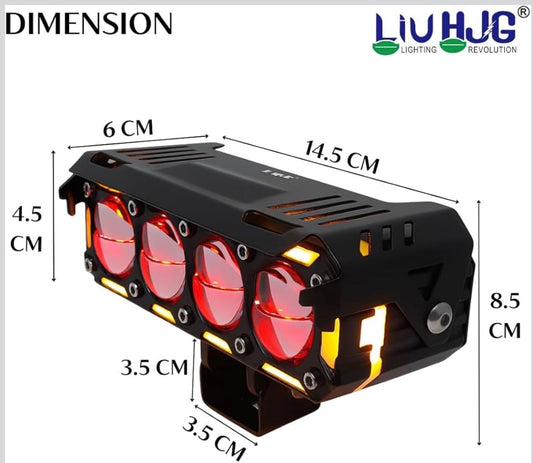HJG 4 Projector Fog Light 60W with Wiring Harness – White & Yellow Beam | Yellow DRL & Red Devil Eyes
