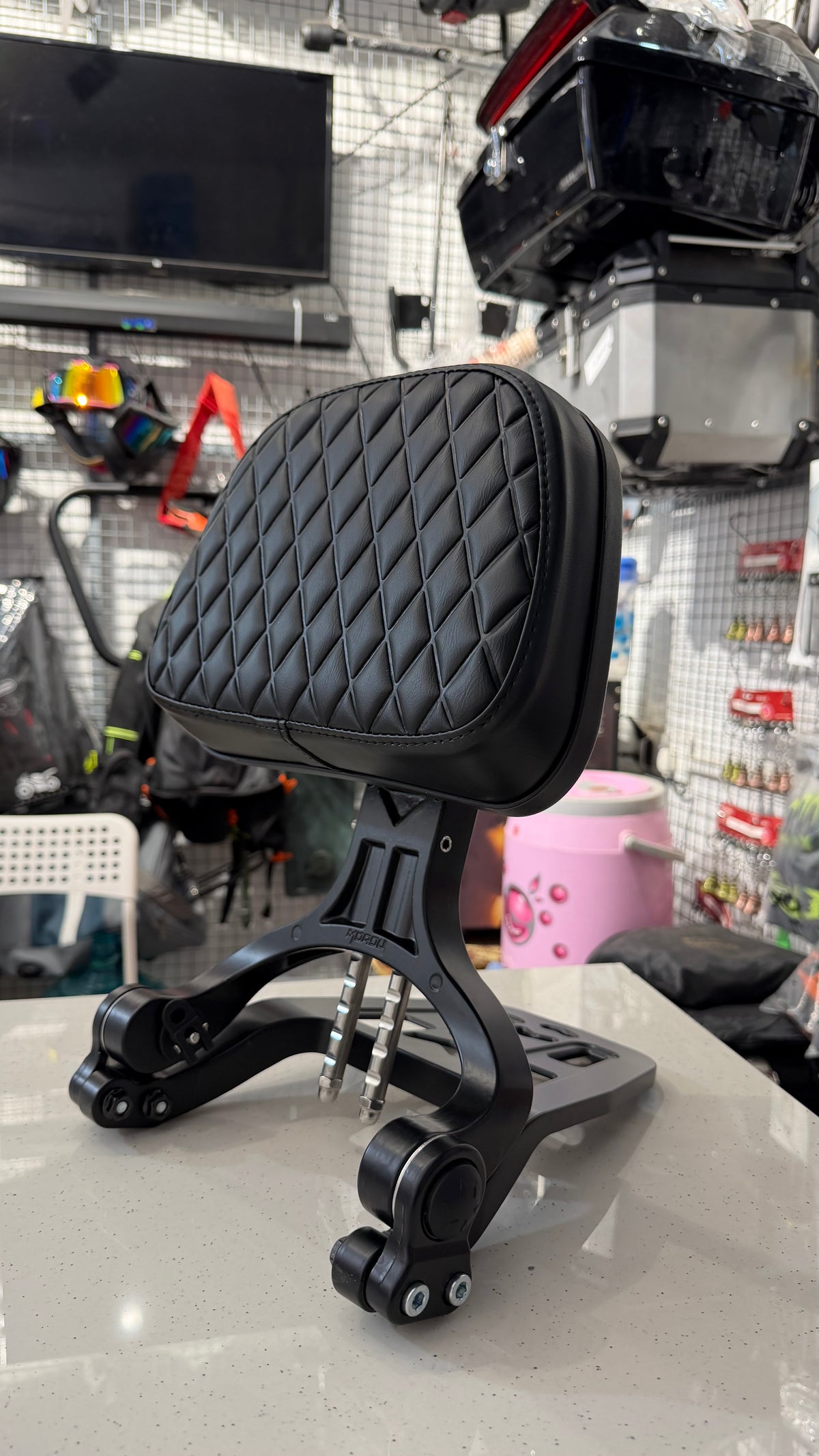 Universal Foldable Rider & Pillion Backrest for Motorcycles – CNC Aluminum Backrest with Premium Leather Cushion | Compatible with All Bikes