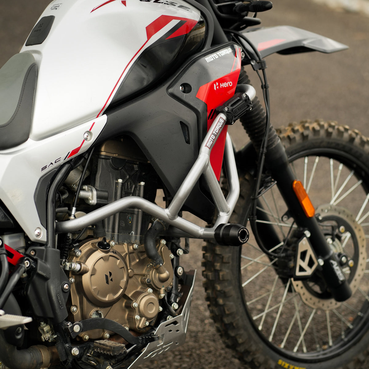 Moto Torque Teramaxx Crash Guard for Hero XPulse 210 – Red & Silver Dual Slider Engine Protection | Adventure Crash Guard