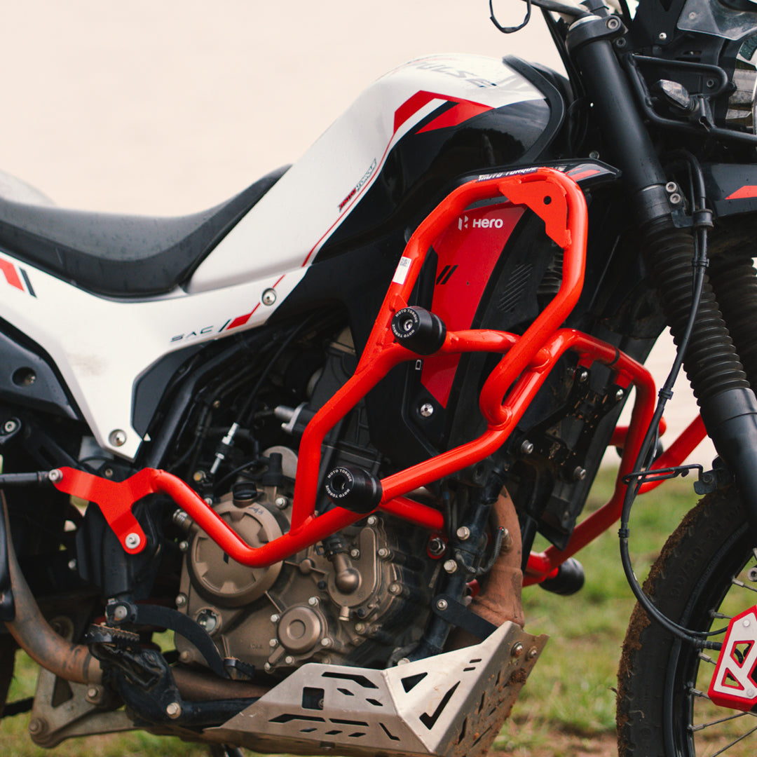 Moto Torque Teramaxx Crash Guard for Hero XPulse 210 – Red & Silver Dual Slider Engine Protection | Adventure Crash Guard