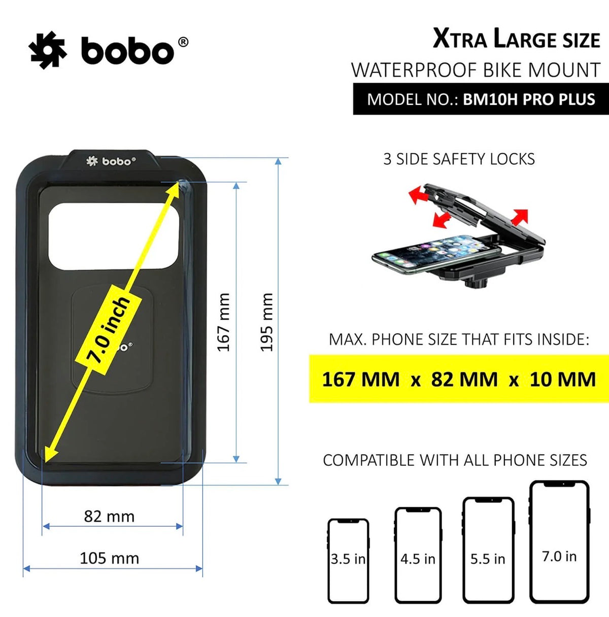 BOBO BM10H/M PRO PLUS Fully Waterproof Bike Phone Holder – Vibration Damper | 4–7” Smartphones | Handlebar & Scooter Mirror Mount