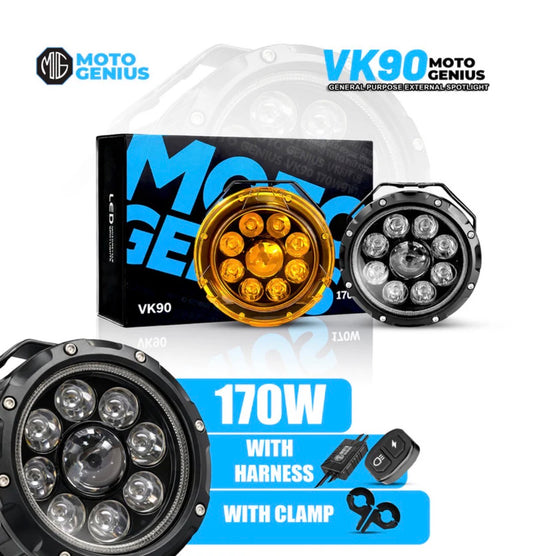 Moto Genius VK90 170W Fog Lights with DRL & Yellow Covers – Most Powerful Auxiliary Lights for Motorcycles