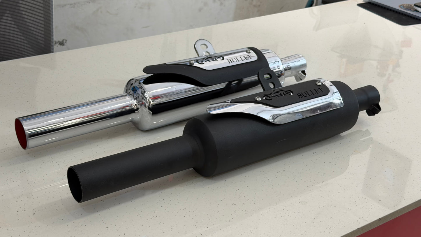 Silman Indori Silencer for Royal Enfield Meteor 350, Classic Reborn, New Standard & Goan Classic 350 – Deep Bass Exhaust | Black & Chrome