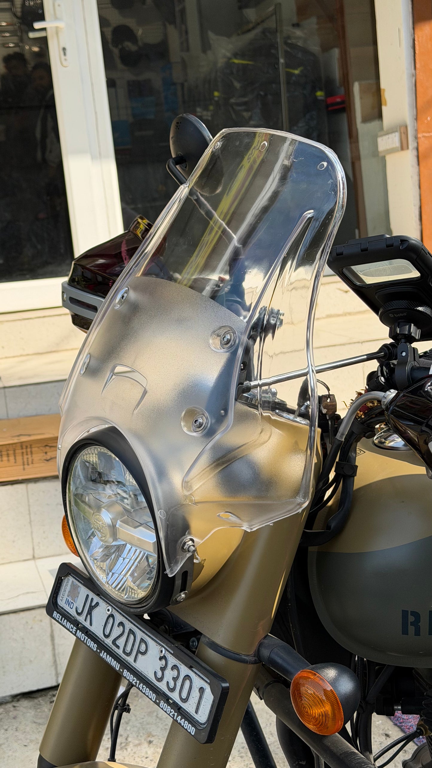 Polycarbonate Long Windshield for Royal Enfield Classic & Standard 350 – Transparent & Black Touring Wind Screen
