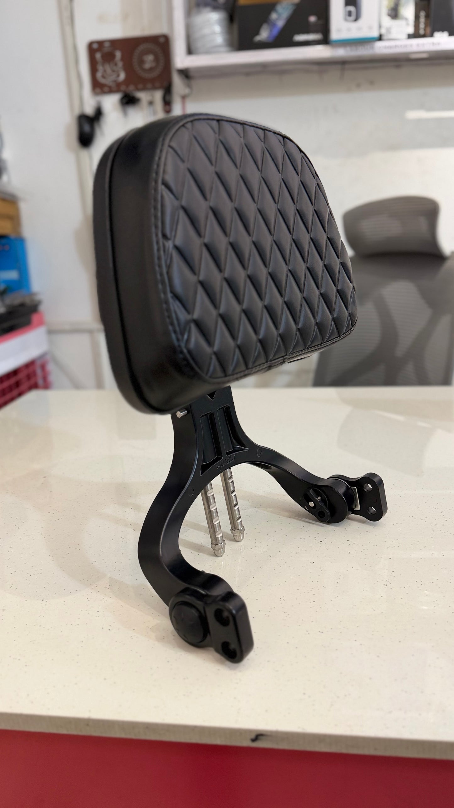 Universal Foldable Rider & Pillion Backrest for Motorcycles – CNC Aluminum Backrest with Premium Leather Cushion | Compatible with All Bikes
