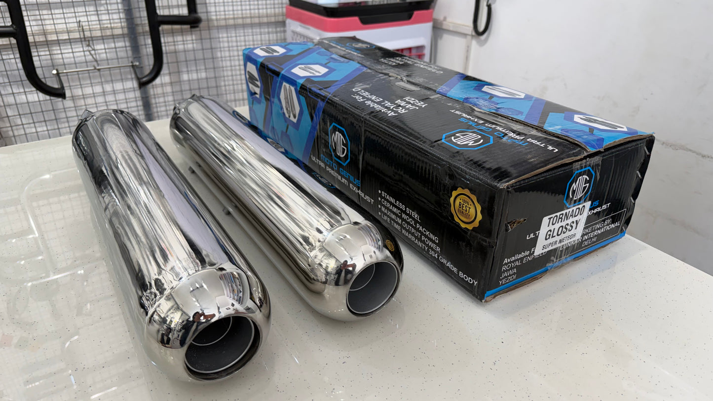 Tornado Stainless Steel Exhaust for Royal Enfield Super Meteor 650 – Deep Bass Sound | High-Performance Premium Exhaust