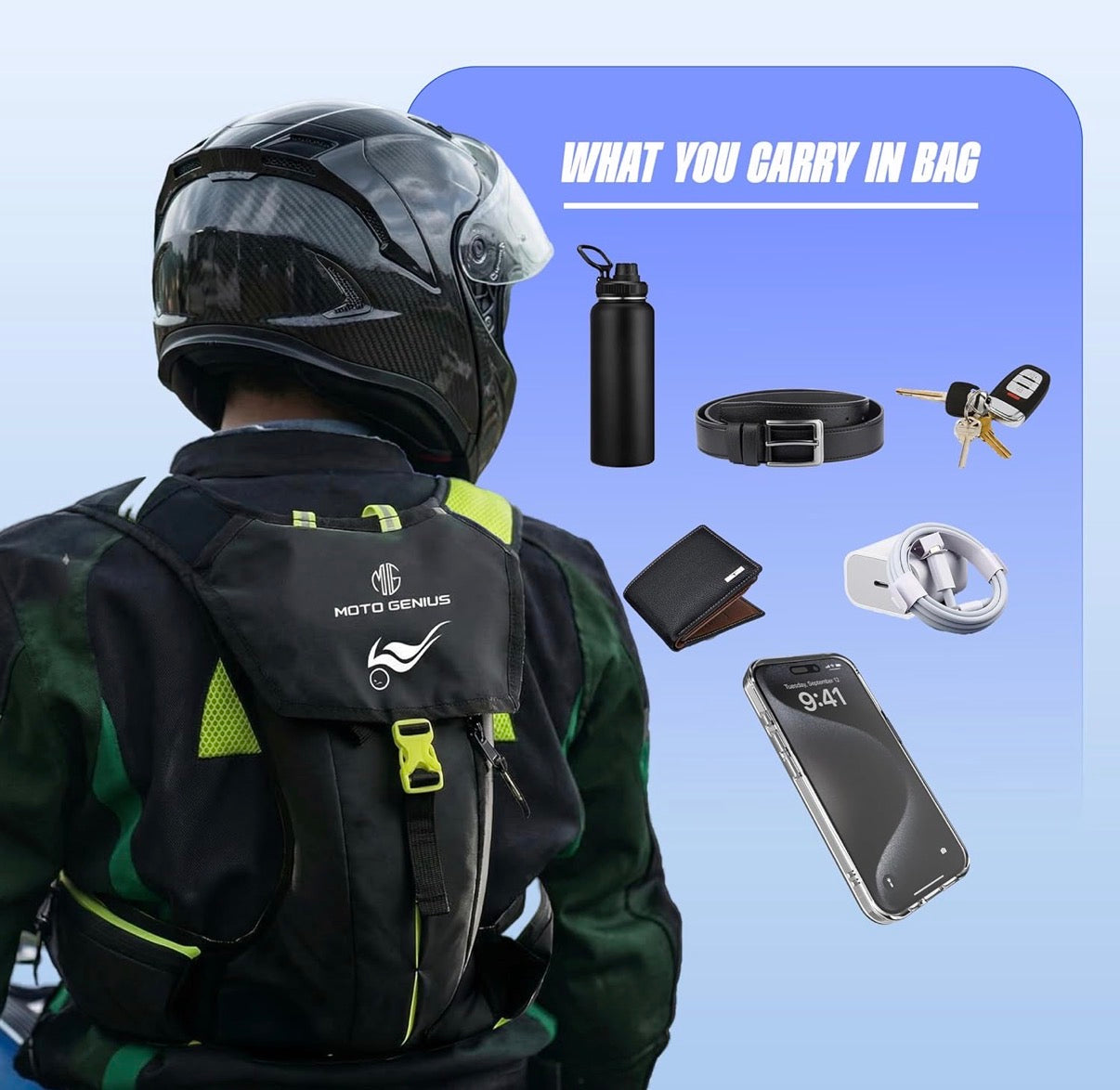 Moto Genius Hydration Backpack for Bikers – Reflective Water Bag with Multi-Compartment Storage & Phone Pocket