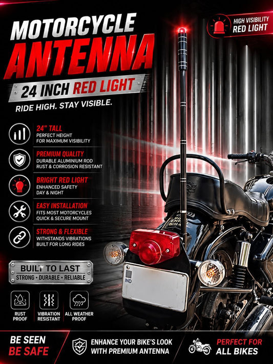 24 Inch Aluminum Flag for Bikes with Red LED Light – Heavy Duty Touring Flag Rod for All Motorcycles