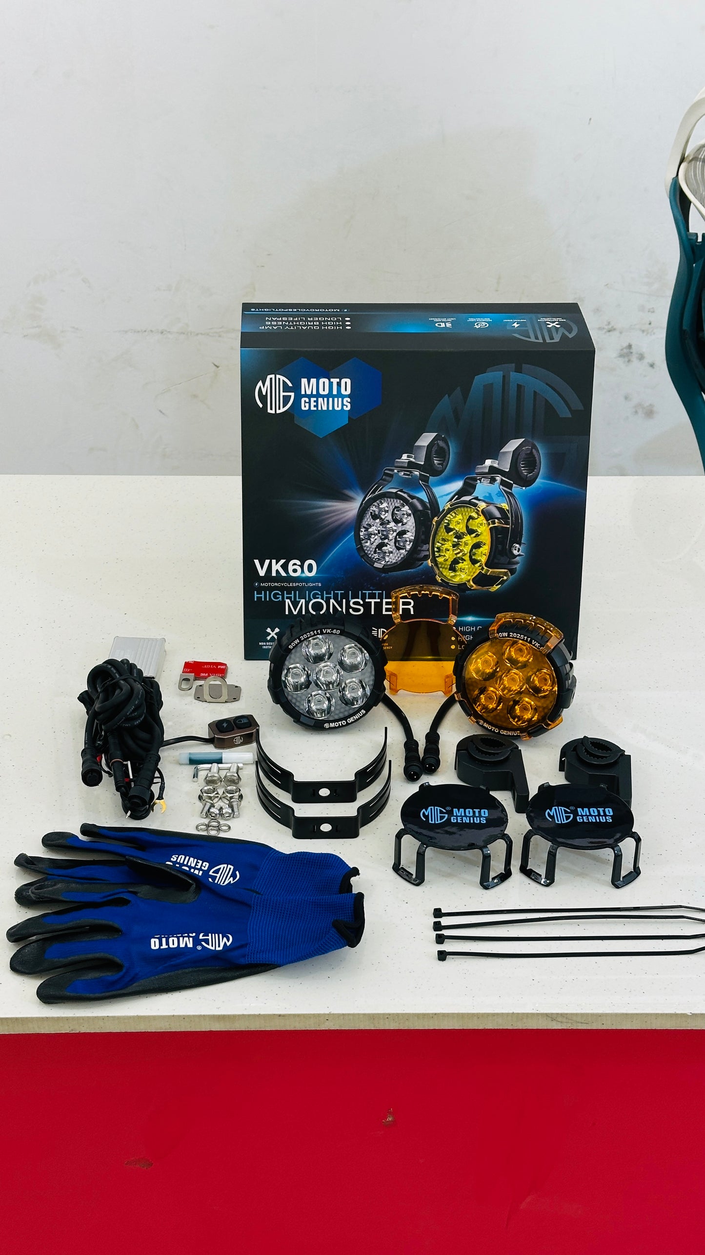 Moto Genius 90W Fog Light Kit – High-Power LED with Wiring Harness, Clamps, Zip Ties, Gloves & Layout Diagram