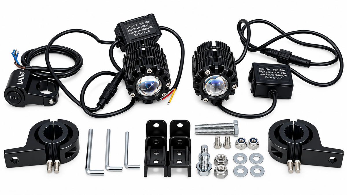 HJG 80W LED Fog Lights for Bikes – 40W Each | 3-Color Red Devil Eye, Yellow Low Beam & White High Beam | Relay, Heavy Mounts & Waterproof Switch