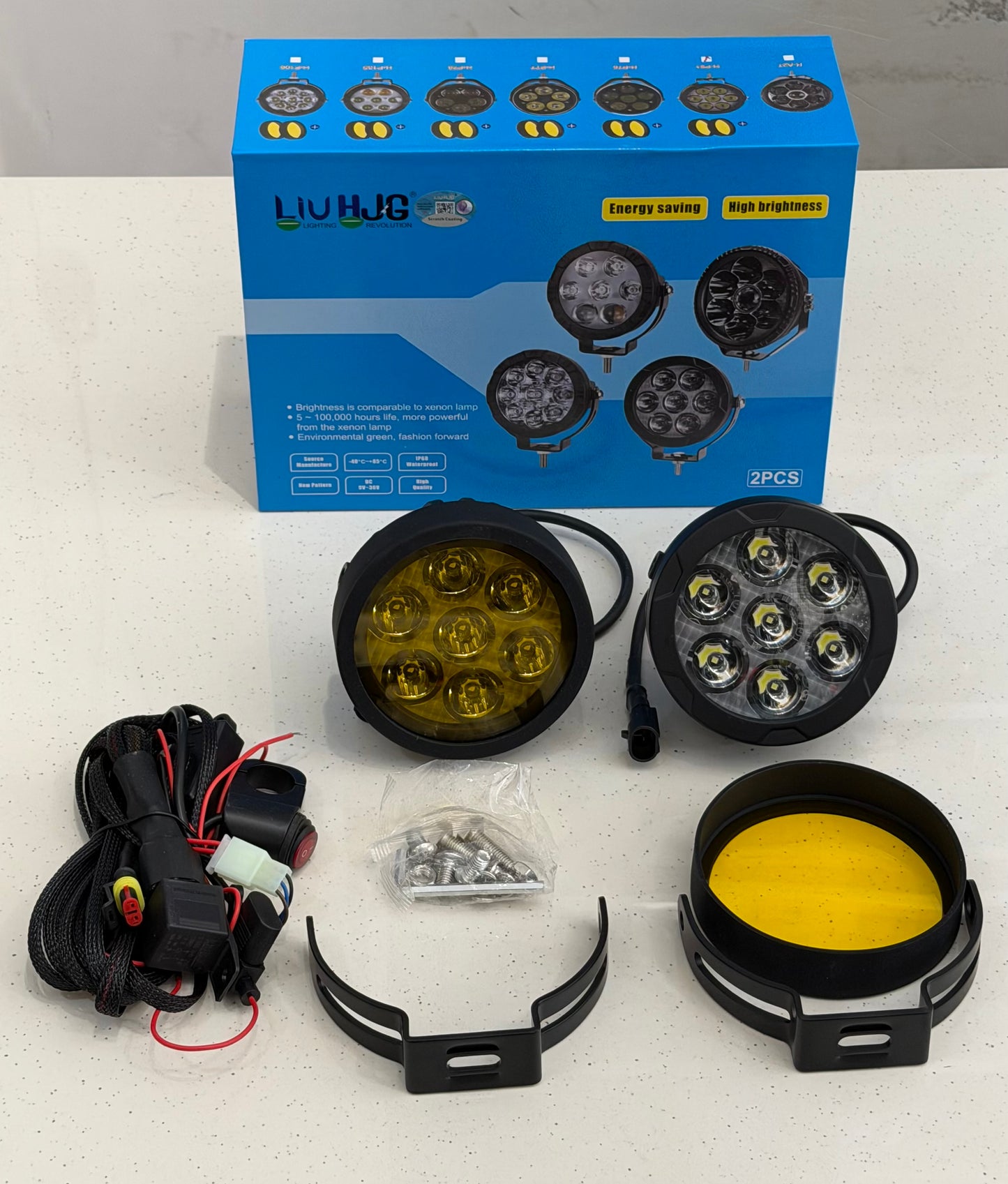 HJG 7 LED 140W Fog Lights with Wiring Harness – Ultra Bright Auxiliary Lights for Motorcycles