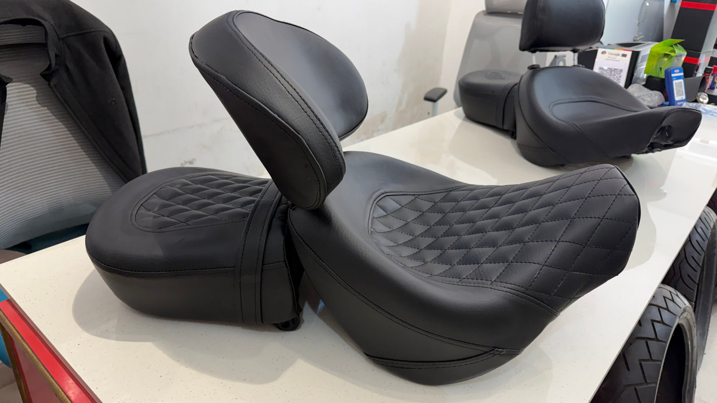 Bucket Seat for Royal Enfield Meteor 350 – Rider & Pillion Seat with Removable Backrest | Memory Foam | Plain & Diamond Cut