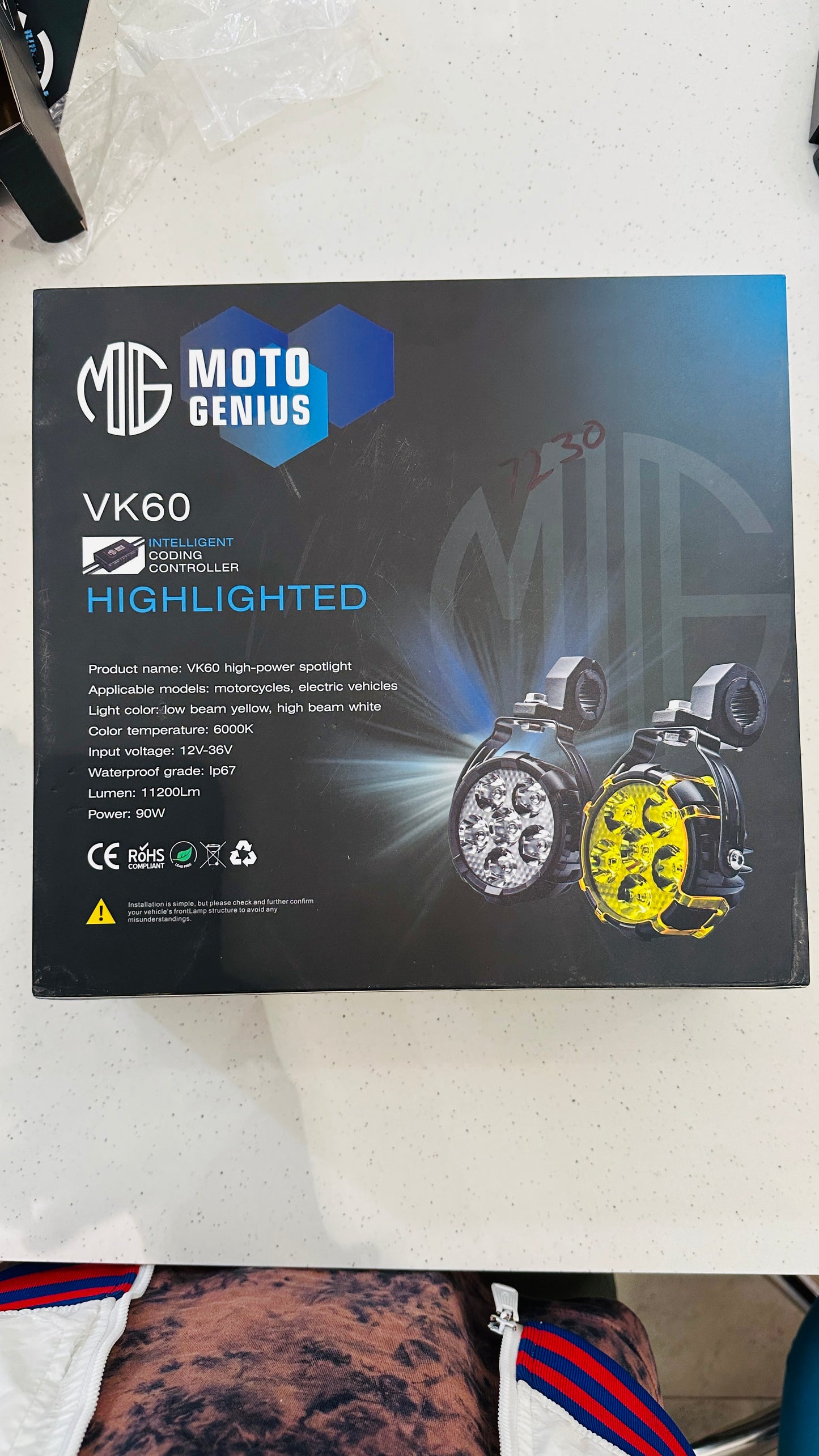 Moto Genius 90W Fog Light Kit – High-Power LED with Wiring Harness, Clamps, Zip Ties, Gloves & Layout Diagram