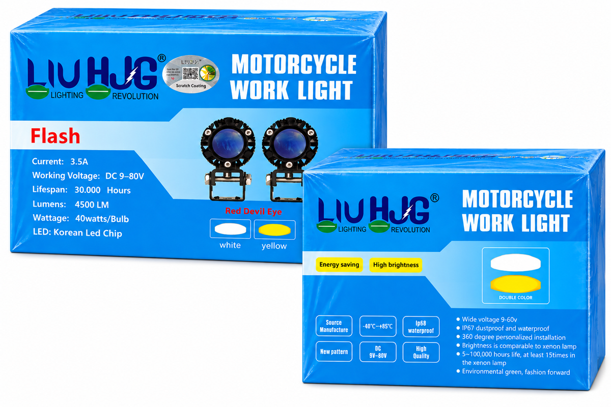 HJG 80W LED Fog Lights for Bikes – 40W Each | 3-Color Red Devil Eye, Yellow Low Beam & White High Beam | Relay, Heavy Mounts & Waterproof Switch