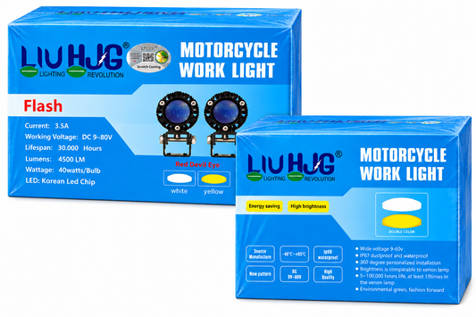 HJG 80W LED Fog Lights for Bikes – 40W Each | 3-Color Red Devil Eye, Yellow Low Beam & White High Beam | Relay, Heavy Mounts & Waterproof Switch