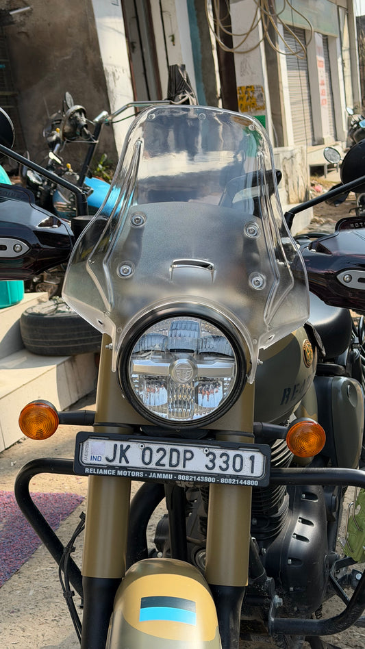 Polycarbonate Long Windshield for Royal Enfield Classic & Standard 350 – Transparent & Black Touring Wind Screen