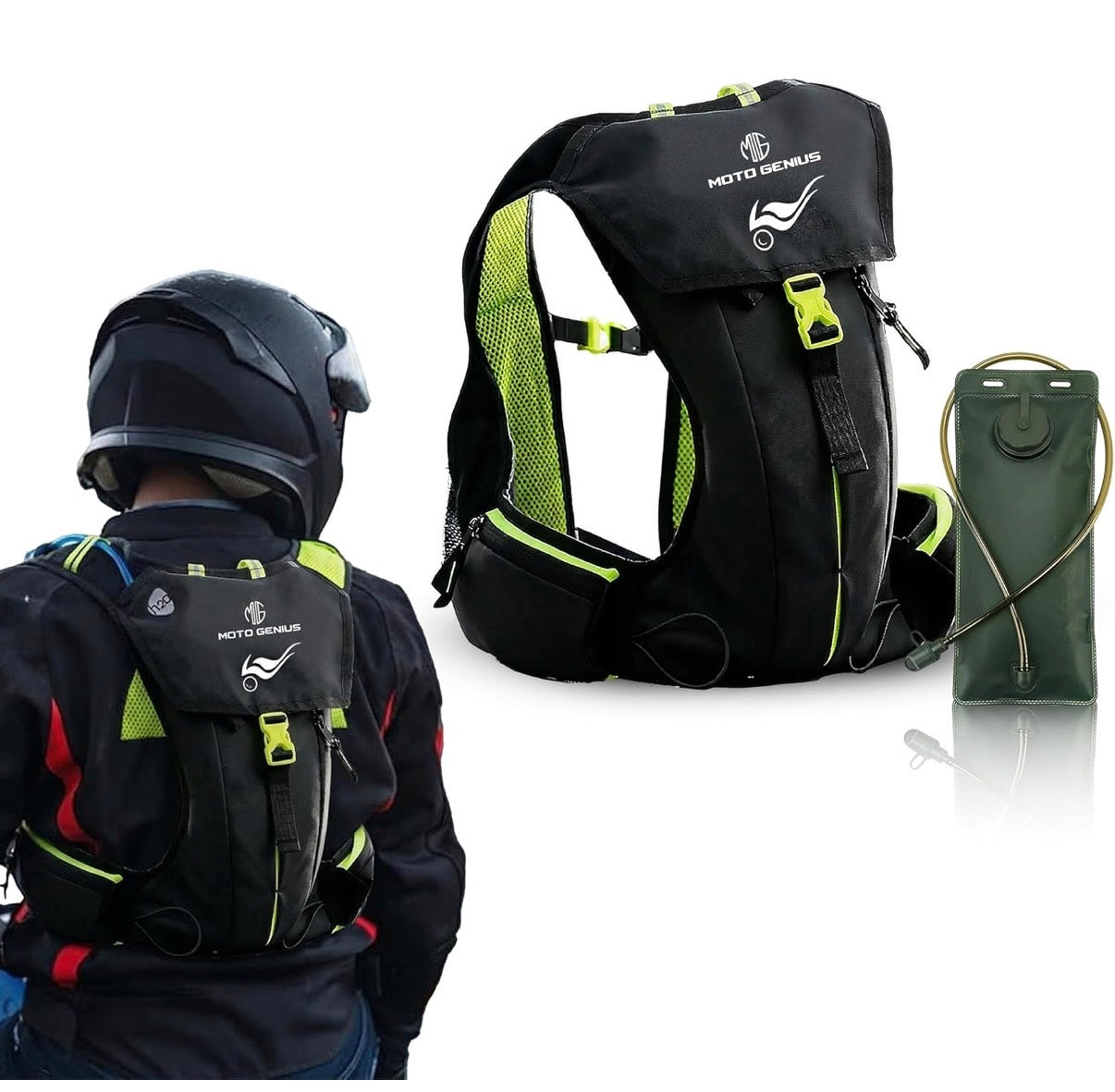 Moto Genius Hydration Backpack for Bikers – Reflective Water Bag with Multi-Compartment Storage & Phone Pocket