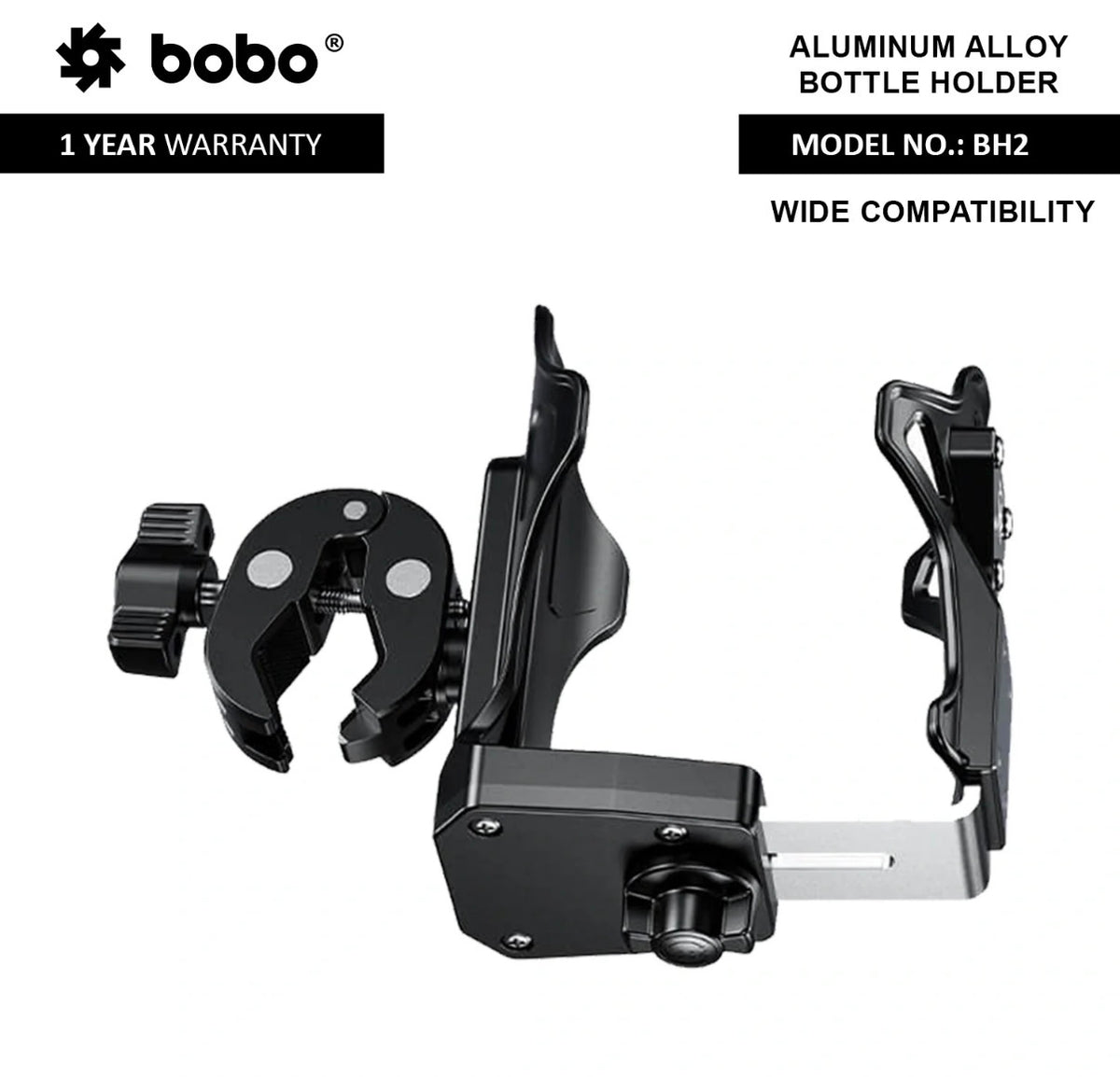 BOBO BH2 Universal Motorcycle Bottle Holder – Adjustable Handlebar Mount | Secure Water Bottle Cage | Quick Release | Black