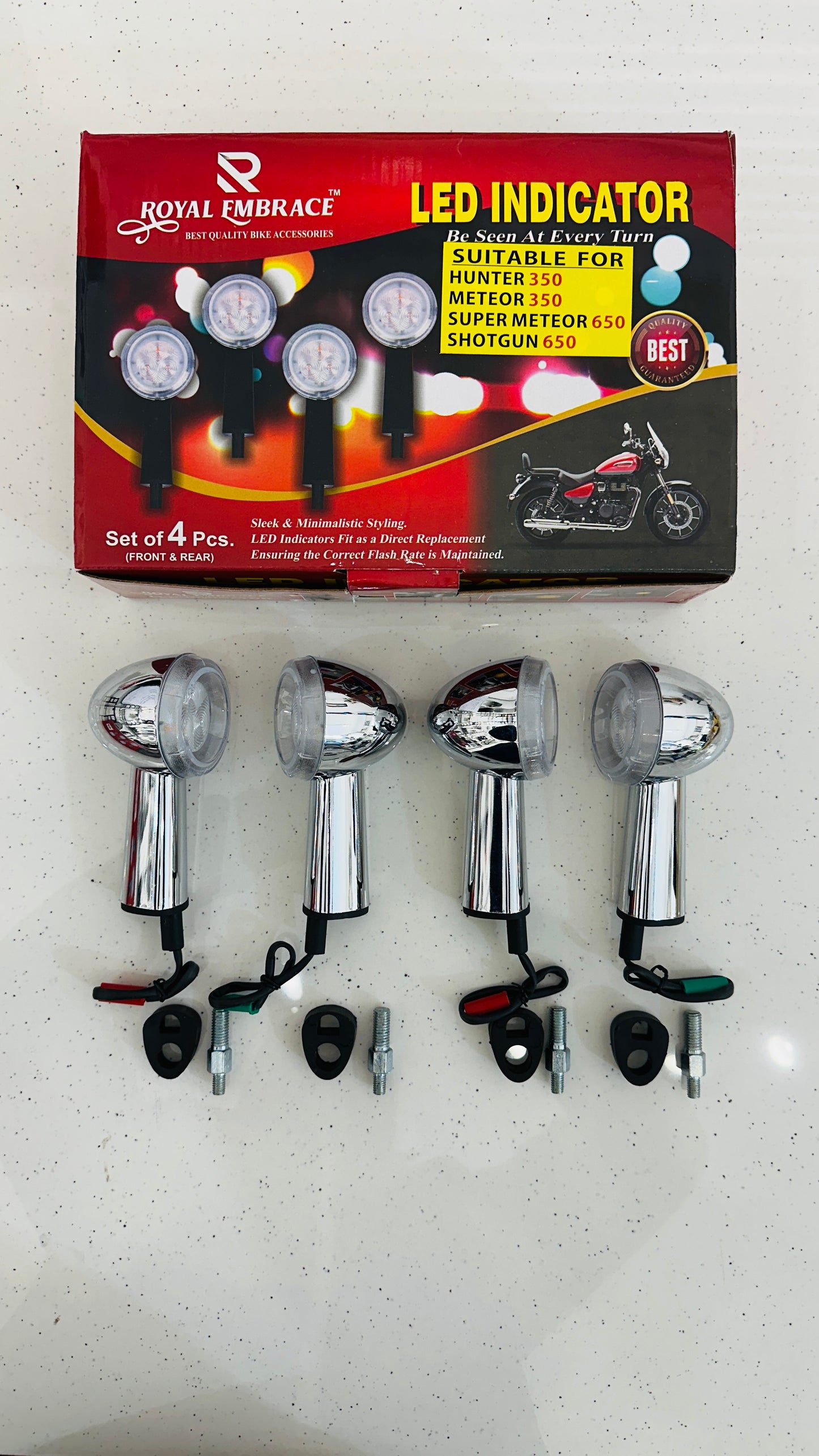 LED Indicators for Royal Enfield Meteor 350, Super Meteor 650 & Hunter 350 – Premium Chrome & Black Signal Lights