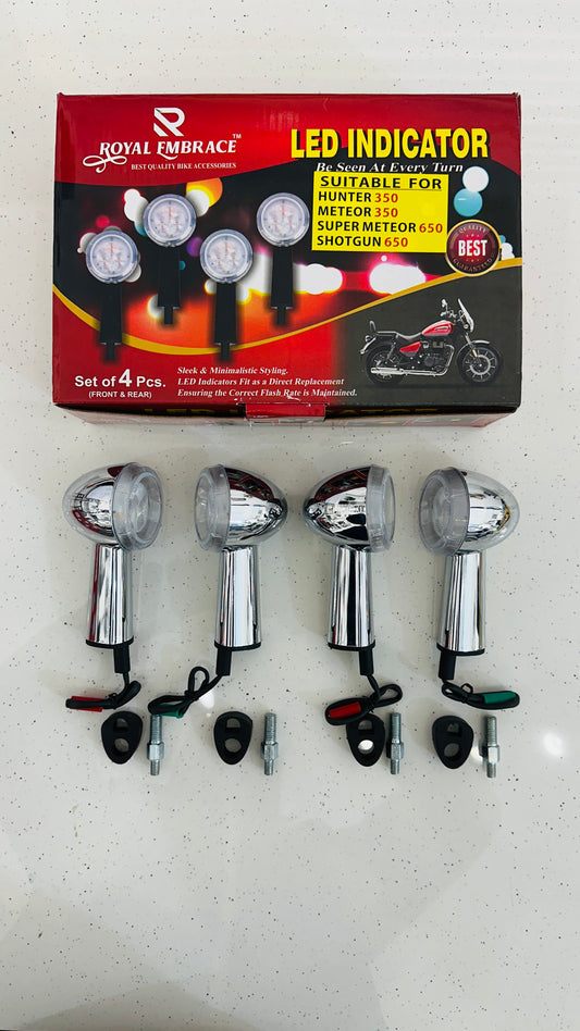 LED Indicators for Royal Enfield Meteor 350, Super Meteor 650 & Hunter 350 – Premium Chrome & Black Signal Lights