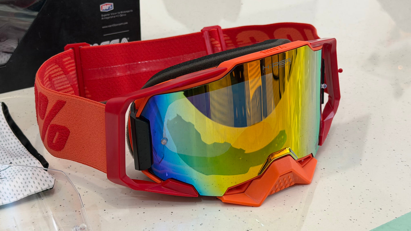 100% Biker Goggles with HiPER Lens Technology – Extra Clear Anti-Fog Visor | Universal Fit (Orange, Blue & Yellow)