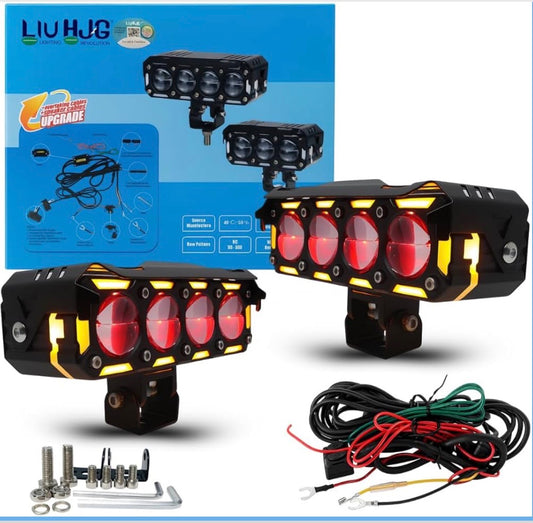 HJG 4 Projector Fog Light 60W with Wiring Harness – White & Yellow Beam | Yellow DRL & Red Devil Eyes