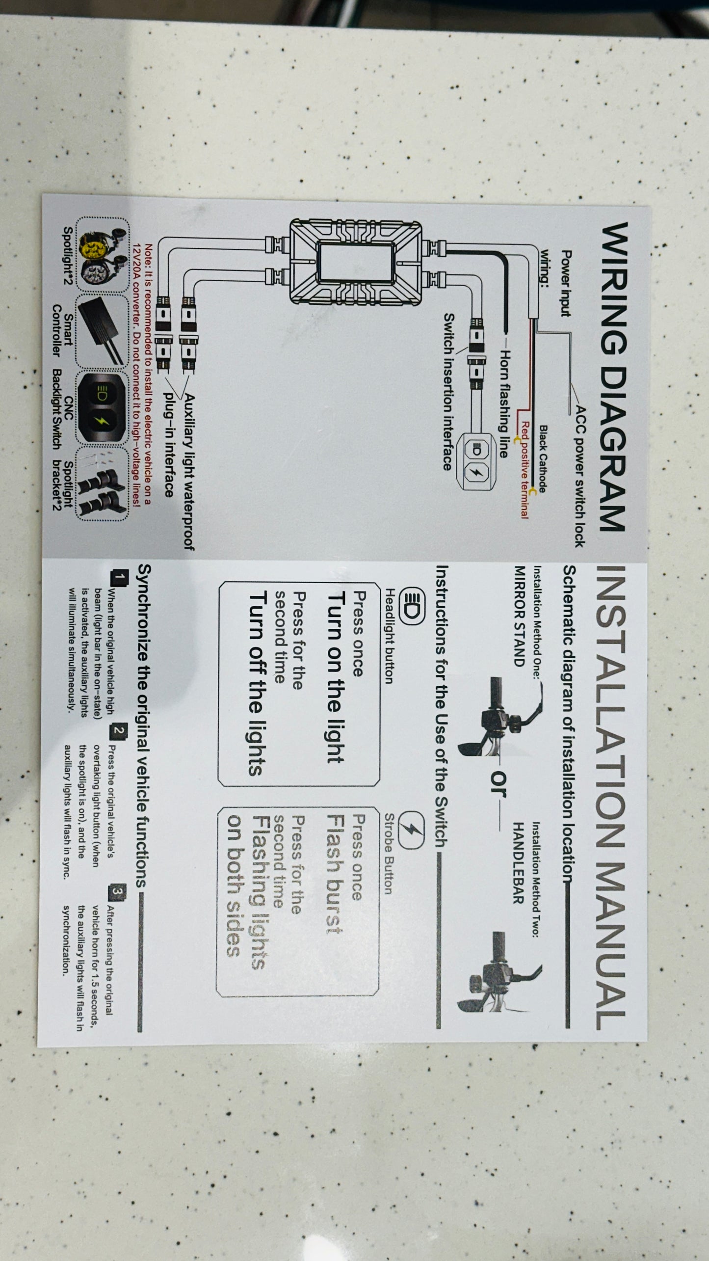Moto Genius 90W Fog Light Kit – High-Power LED with Wiring Harness, Clamps, Zip Ties, Gloves & Layout Diagram