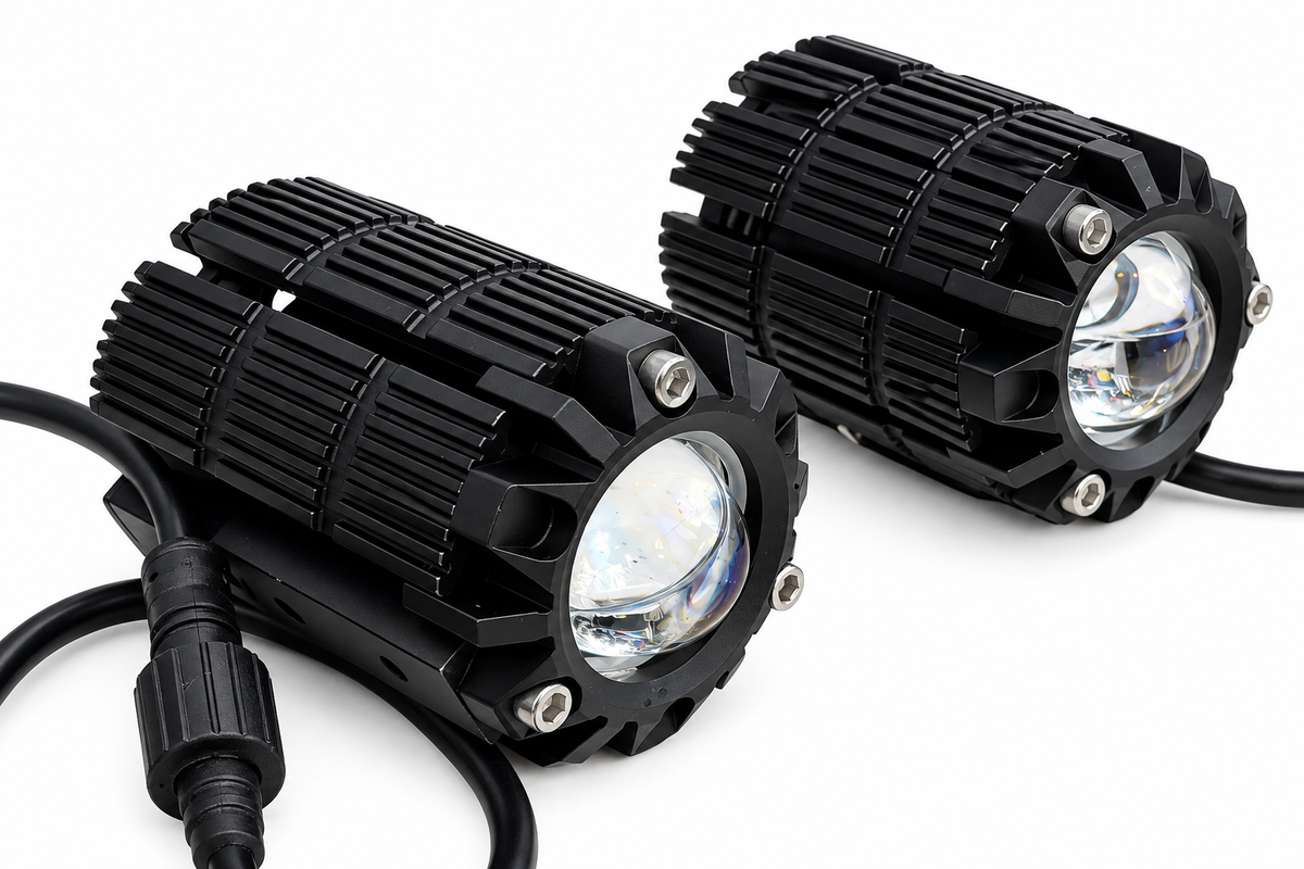 HJG 80W LED Fog Lights for Bikes – 40W Each | 3-Color Red Devil Eye, Yellow Low Beam & White High Beam | Relay, Heavy Mounts & Waterproof Switch
