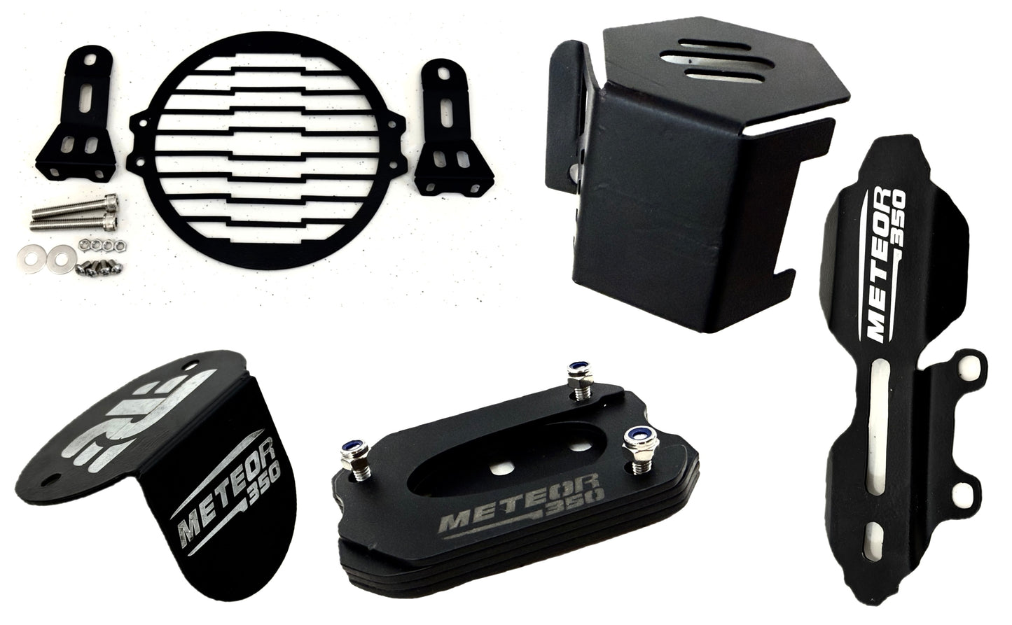 Premium 5-in-1 Combo Kit for Royal Enfield Meteor 350 & Hunter 350 – Rear Brake Covers, Master Cylinder Guard, Side Stand Extender & Headlight Grill Set