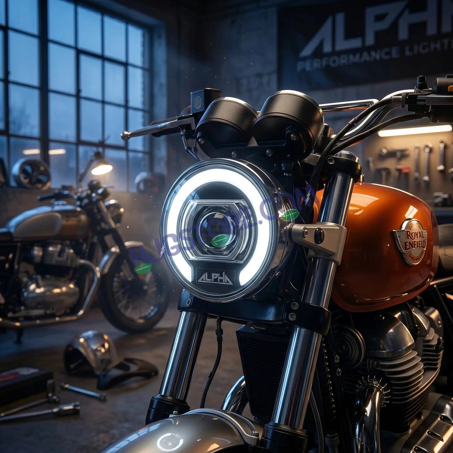 HJG C-325 Alpha 7 Inch LED Projector Headlight 128W – White & Amber Halo DRL | CREE/Osram LED | For Royal Enfield, Thar, Jeep & Gypsy