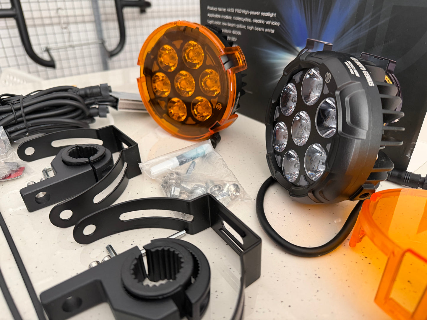 Moto Genius VK 70 Pro Fog Lights – 90W LED with DRL, Wiring Harness, Mounts & Yellow Solid Covers | Ultra Bright Touring Lights