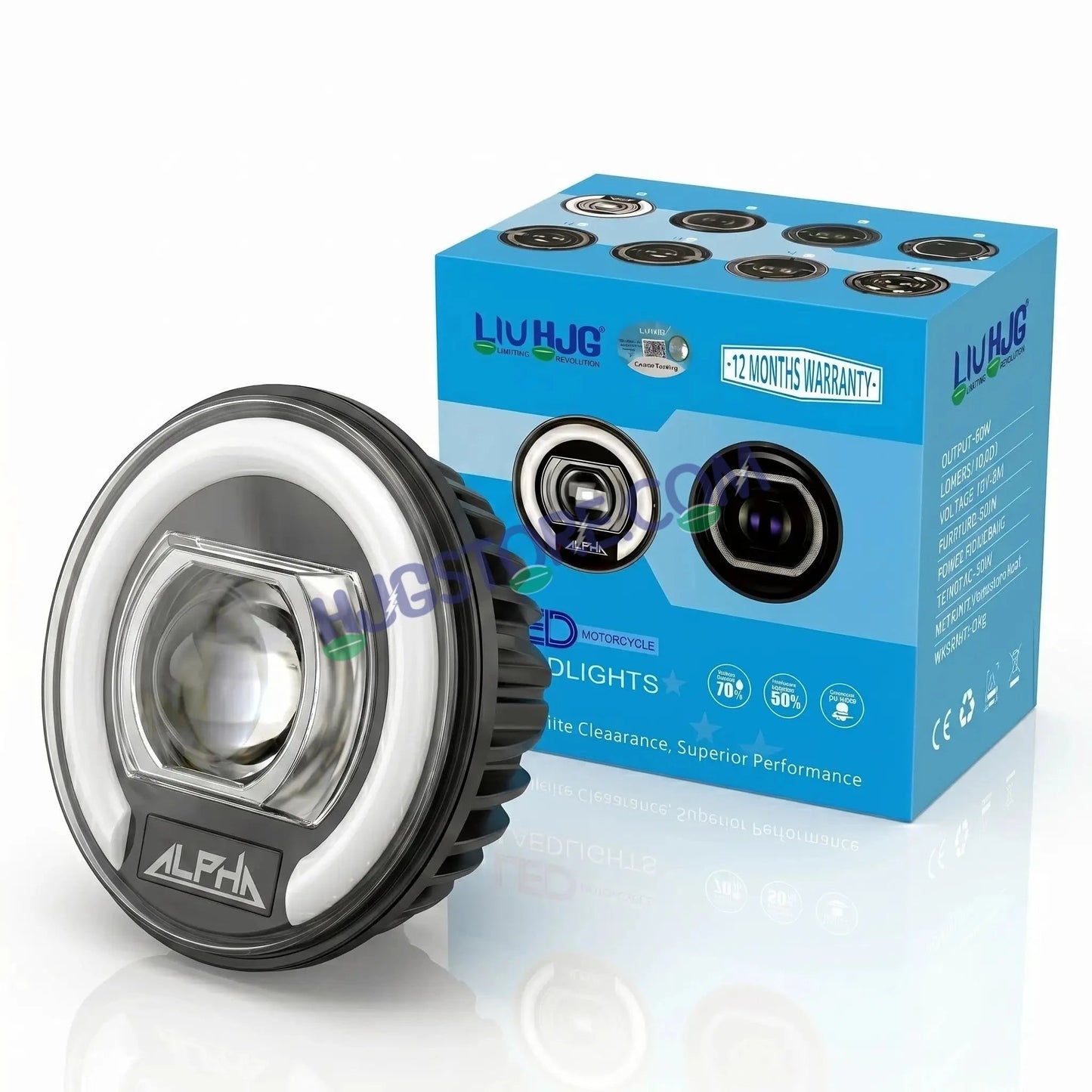 HJG C-325 Alpha 7 Inch LED Projector Headlight 128W – White & Amber Halo DRL | CREE/Osram LED | For Royal Enfield, Thar, Jeep & Gypsy
