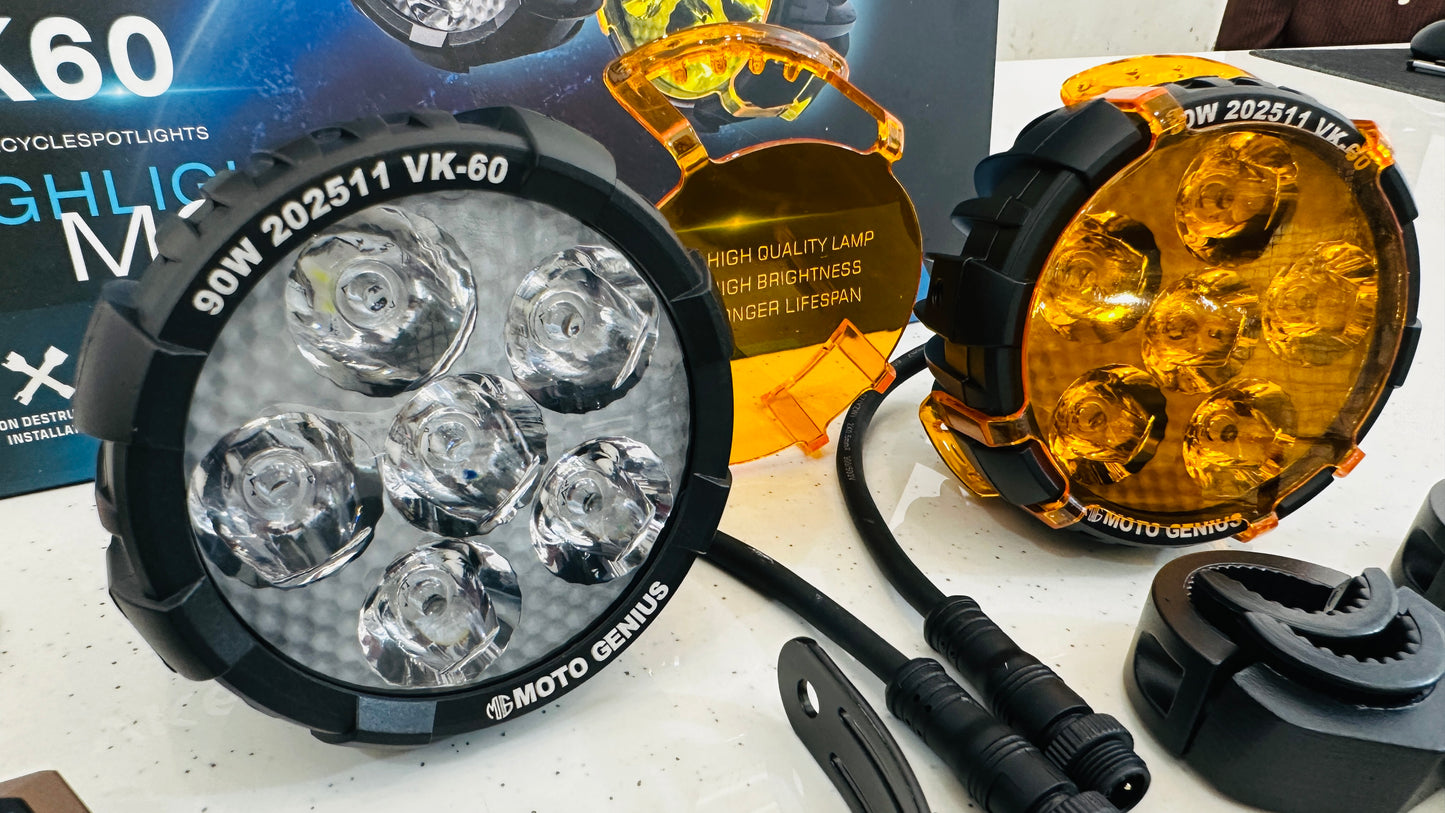 Moto Genius 90W Fog Light Kit – High-Power LED with Wiring Harness, Clamps, Zip Ties, Gloves & Layout Diagram