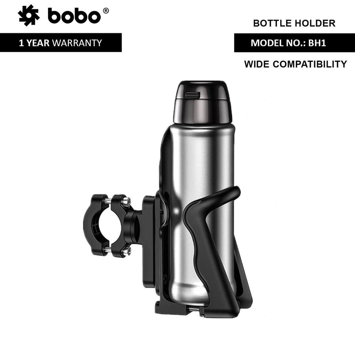 BOBO BH1 Universal Motorcycle Bottle Holder – Adjustable Handlebar Mount | Secure Water Bottle Holder | Quick Release | Black