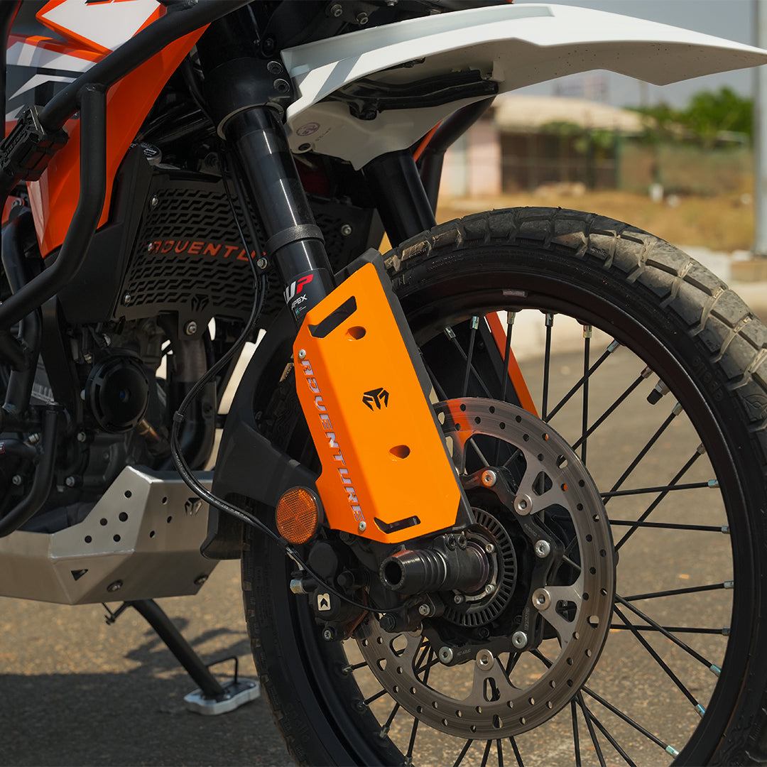 Metal Fork Protectors for KTM 390 Adventure / Adventure X (2025) – Black & Orange | Mild Steel Front Fork Guards