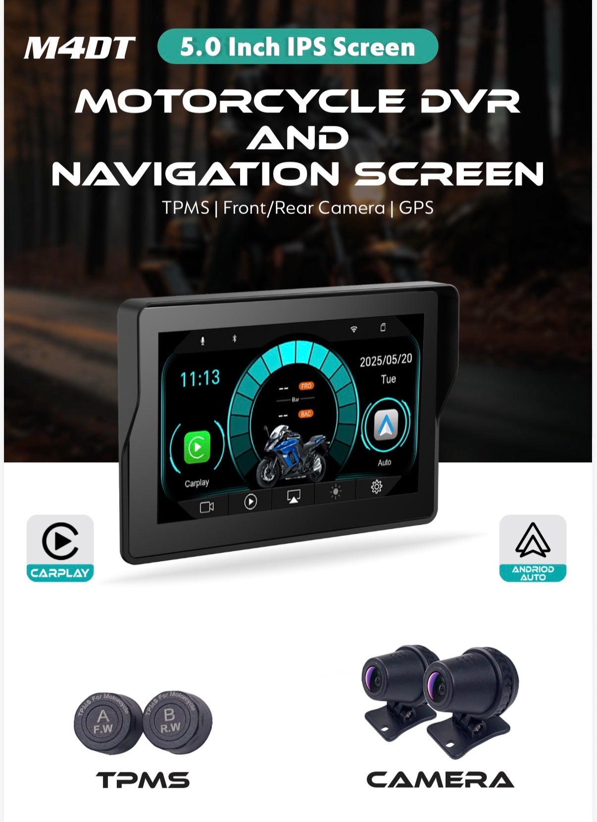Simtec M4DT Smart Screen Display for Bikes – Dual Camera 1080P, 5” IPS Display, WiFi & Bluetooth | 1 Year Warranty