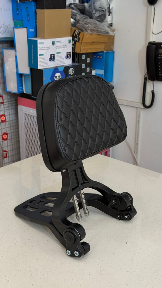 Universal Foldable Rider & Pillion Backrest for Motorcycles – CNC Aluminum Backrest with Premium Leather Cushion | Compatible with All Bikes