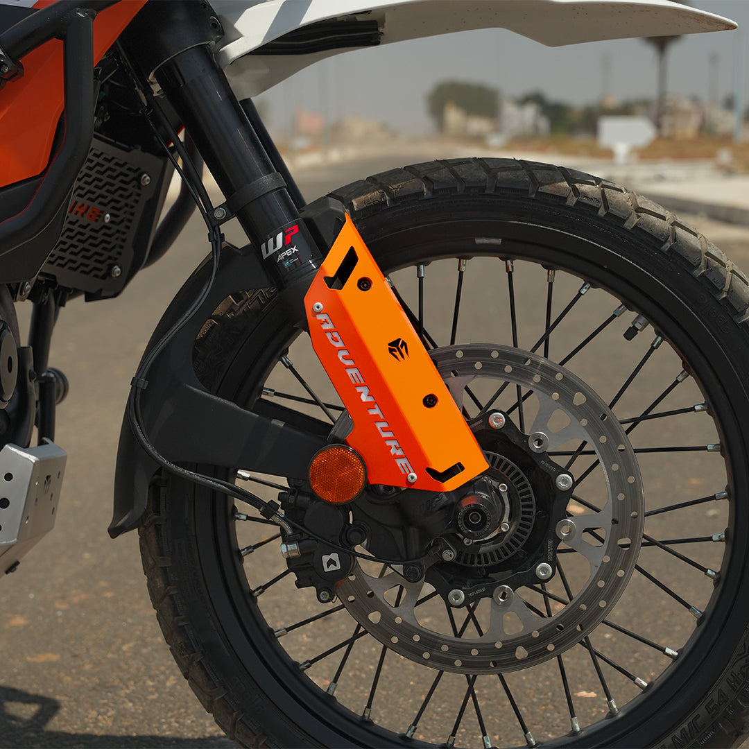 Metal Fork Protectors for KTM 390 Adventure / Adventure X (2025) – Black & Orange | Mild Steel Front Fork Guards