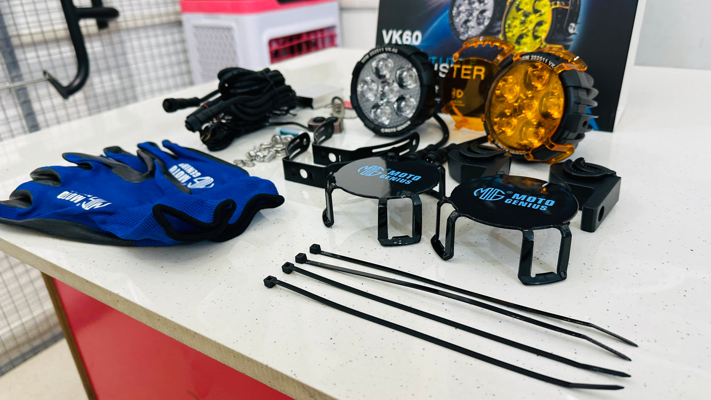 Moto Genius 90W Fog Light Kit – High-Power LED with Wiring Harness, Clamps, Zip Ties, Gloves & Layout Diagram