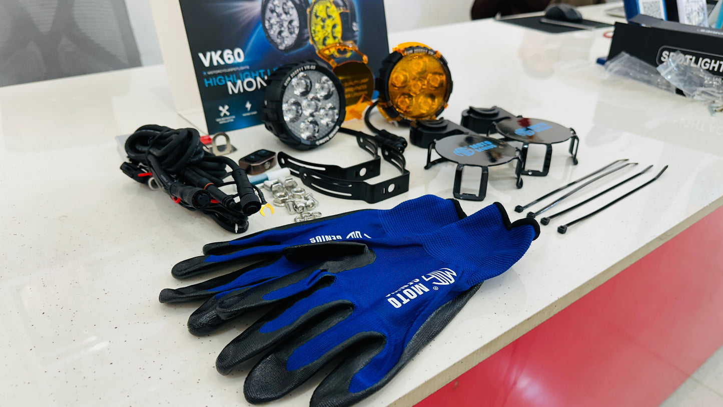 Moto Genius 90W Fog Light Kit – High-Power LED with Wiring Harness, Clamps, Zip Ties, Gloves & Layout Diagram