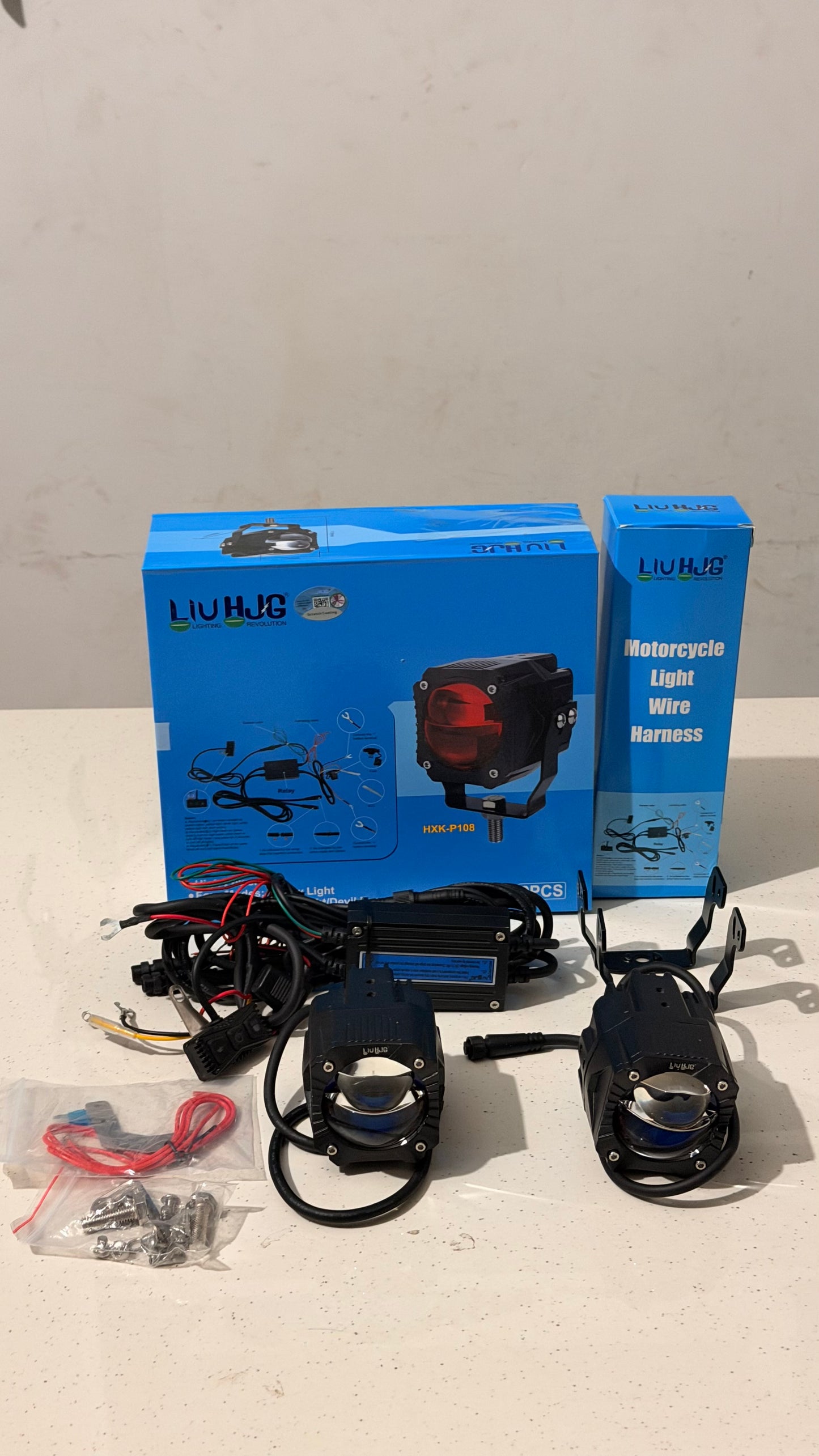 HJG Gurilla Laser Projector Fog Lights with Wiring Harness – Ultra Bright LED Auxiliary Lights for Motorcycles & Cars