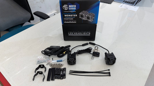 Moto Genius Monster 40W Fog Light Set – Ultra Bright LED with Wiring Harness & Mounting Clamps