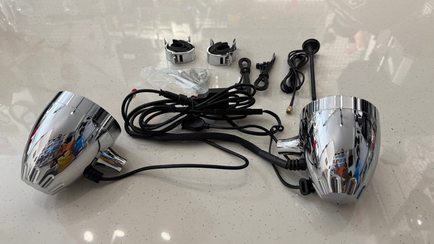 Waterproof Bluetooth Speakers for Motorcycles – Chrome Finish, Built-in FM Radio & Crystal Clear Sound