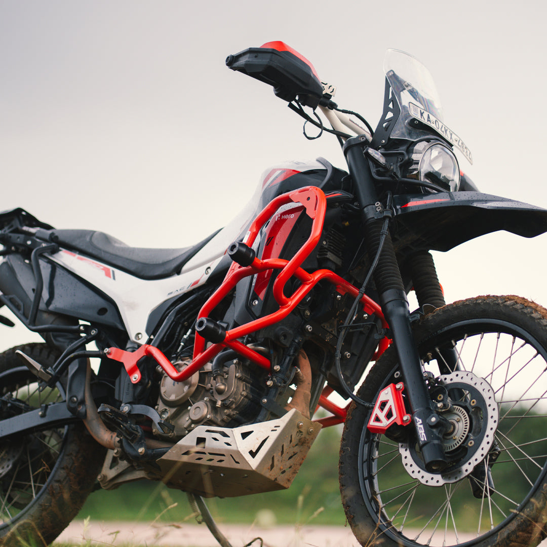 Moto Torque Teramaxx Crash Guard for Hero XPulse 210 – Red & Silver Dual Slider Engine Protection | Adventure Crash Guard