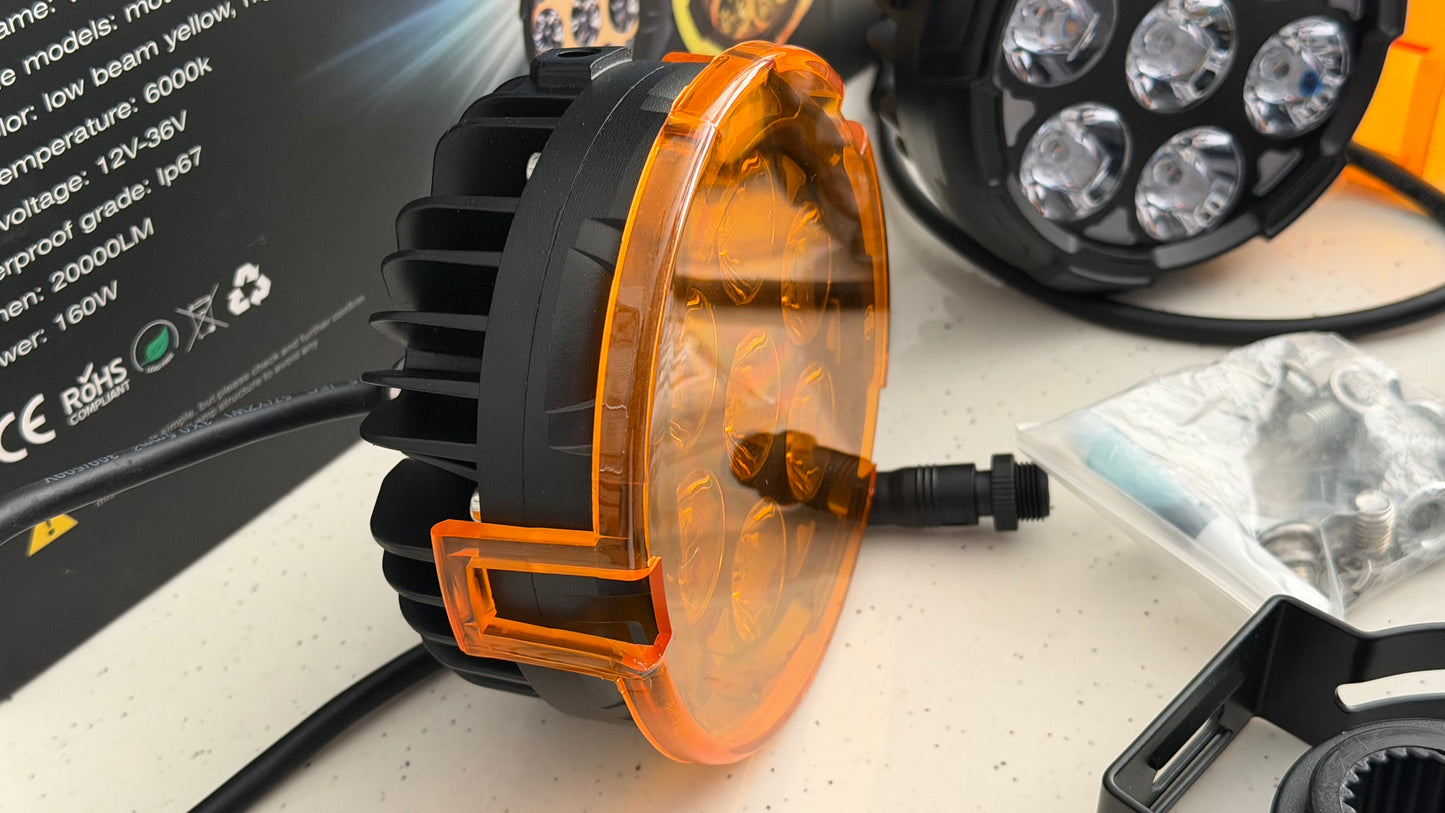 Moto Genius VK 70 Pro Fog Lights – 90W LED with DRL, Wiring Harness, Mounts & Yellow Solid Covers | Ultra Bright Touring Lights