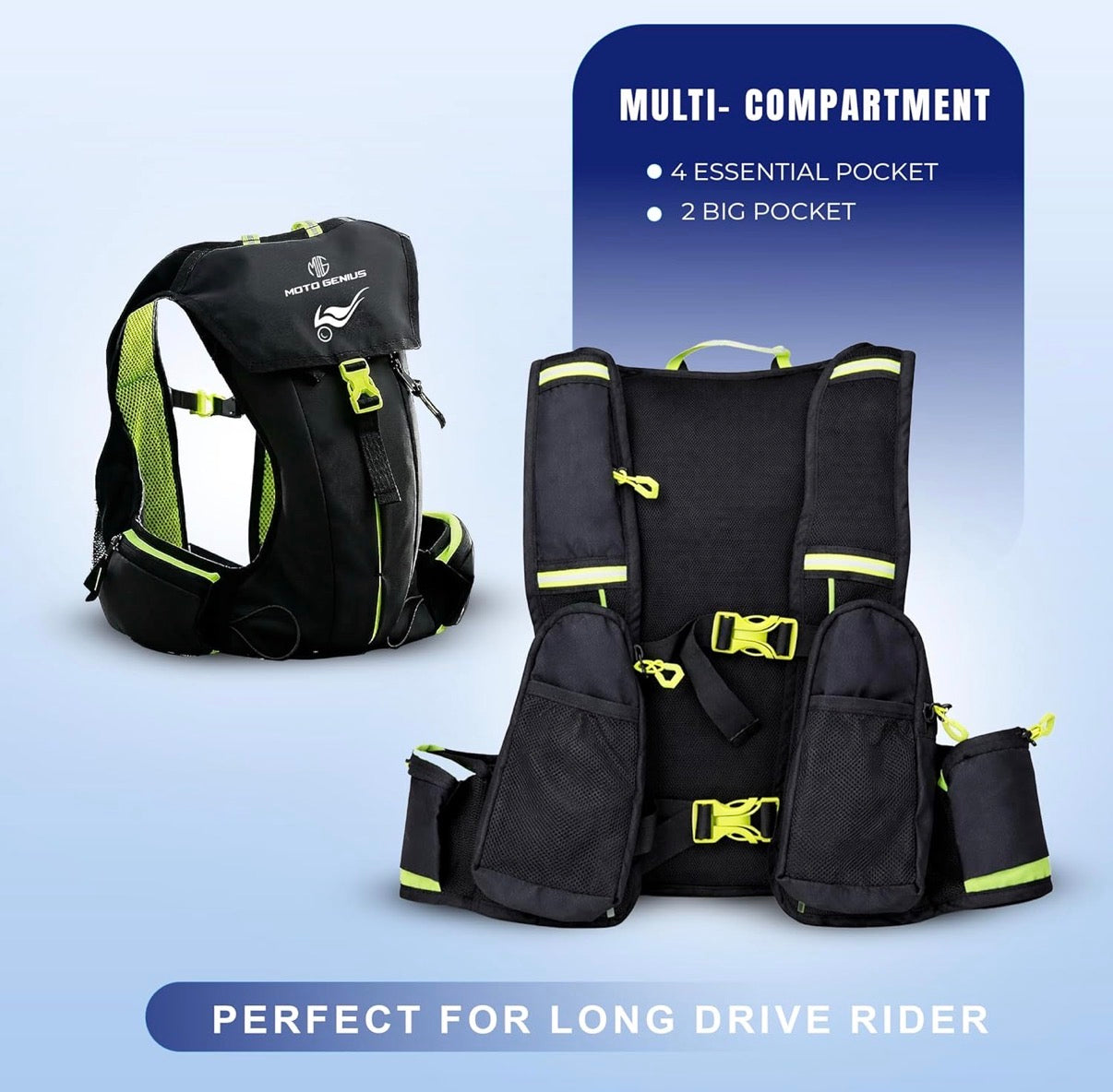 Moto Genius Hydration Backpack for Bikers – Reflective Water Bag with Multi-Compartment Storage & Phone Pocket