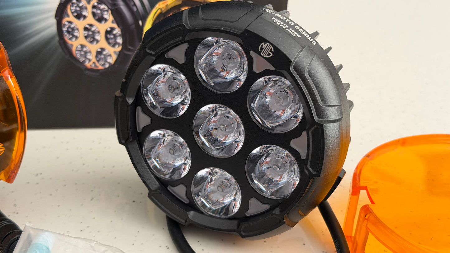 Moto Genius VK 70 Pro Fog Lights – 90W LED with DRL, Wiring Harness, Mounts & Yellow Solid Covers | Ultra Bright Touring Lights