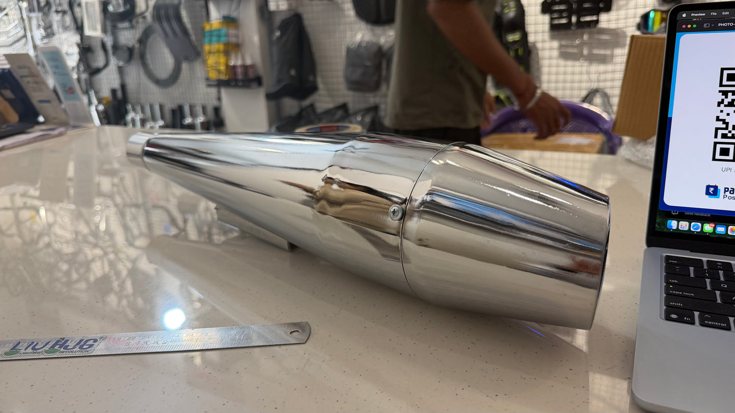 Silman Dolphin Silencer for Royal Enfield Meteor 350, Classic Reborn 350, New Standard 350 & Goan Classic 350 – Deep Bass Exhaust | Black & Chrome