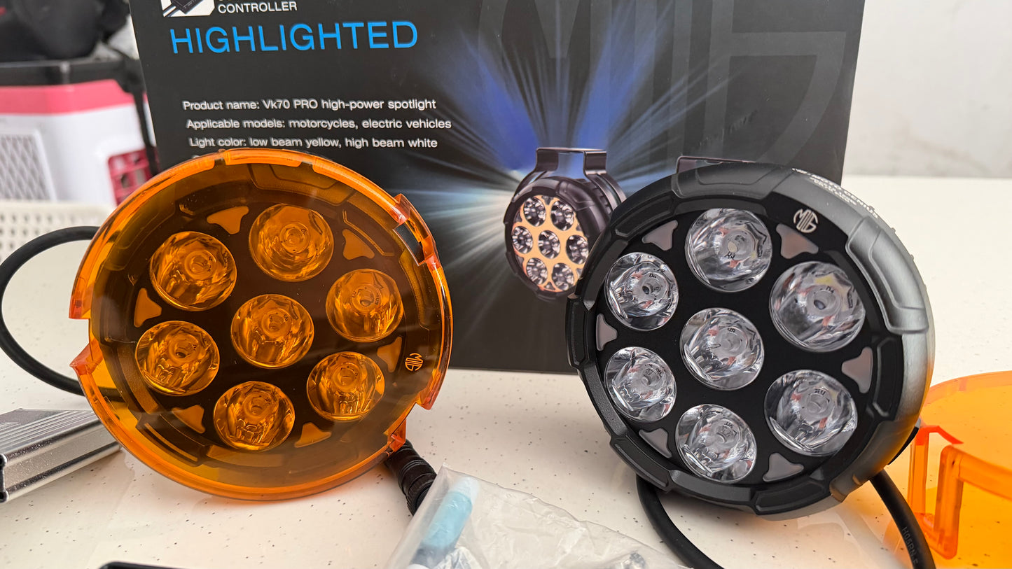 Moto Genius VK 70 Pro Fog Lights – 90W LED with DRL, Wiring Harness, Mounts & Yellow Solid Covers | Ultra Bright Touring Lights