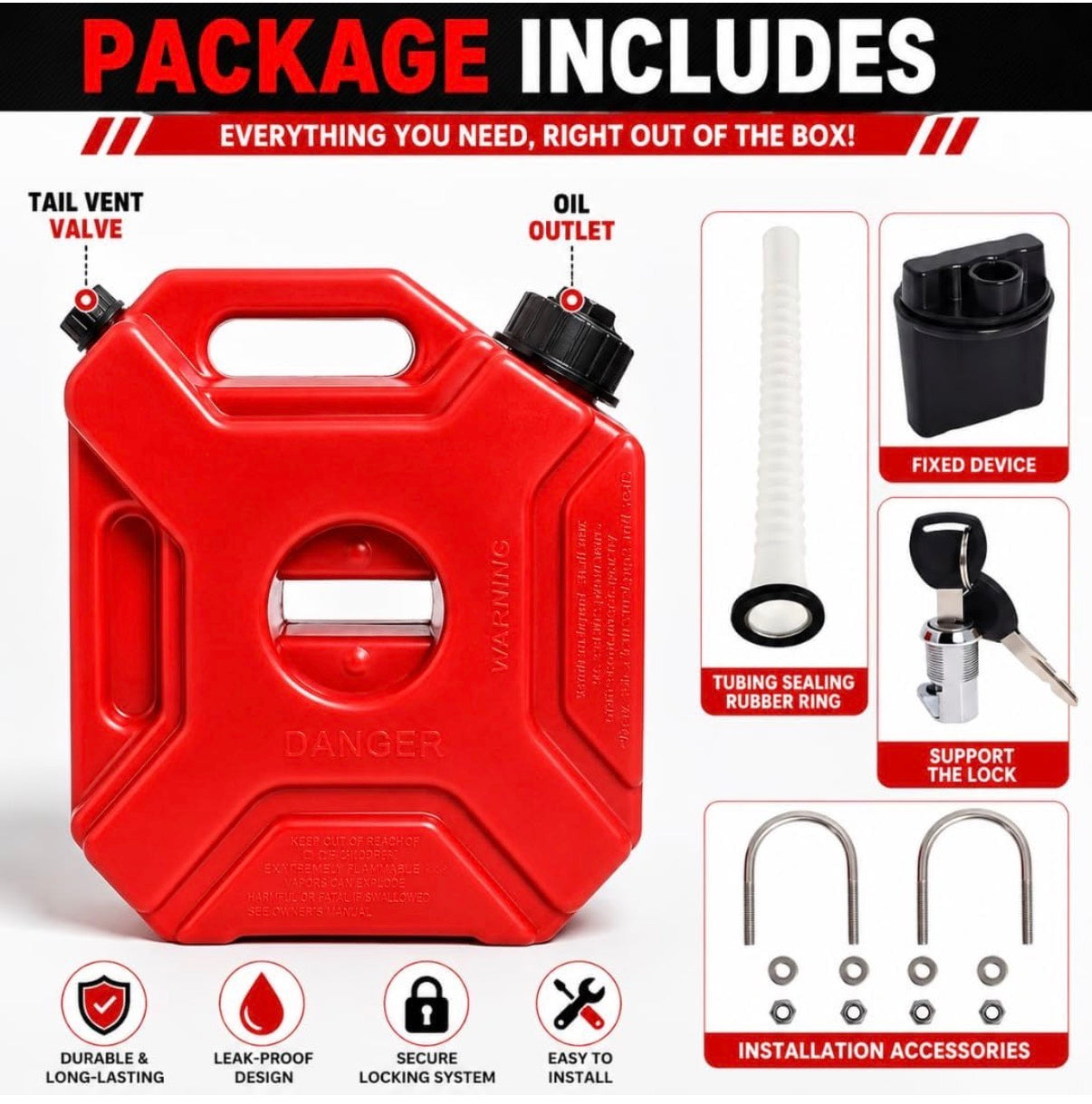 5 Litre Jerry Can for Petrol & Fuel Storage – Heavy Duty Fuel Can with Mount | Black & Red | Universal for Motorcycles & SUVs
